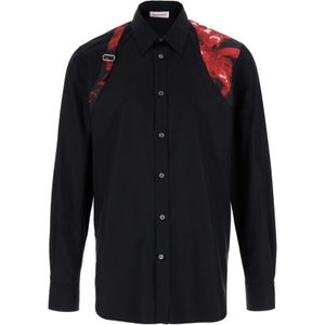 Alexander McQueen, Overhemden, Heren, Zwart, XL, Katoen, Bloemenprint overhemd met harnasdetail