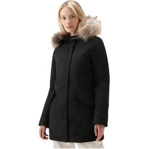 Woolrich, Mantels, Dames, Zwart, L, Polyester, Luxe Arctic Parka met wasbeer bont