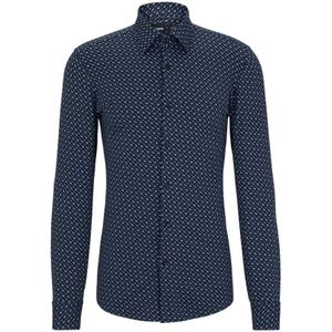 Hugo Boss, Overhemden, Heren, Blauw, L, Nylon, Innovatief Slim Fit Kent Kraag Overhemd met Monogram Print