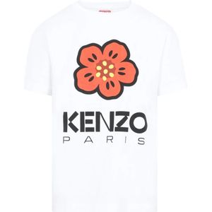 Kenzo, Tops, Dames, Wit, S, Katoen, Witte Katoenen Losse T-Shirt met Boke Bloem
