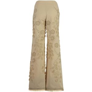 Alberta Ferretti, Broeken, Dames, Beige, XS, Katoen, Bloemen Geborduurde Katoenen Broek