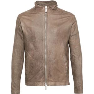 Giorgio Brato, Beige Leren Jas met Hoge Kraag en Meerdere Zakken Beige, Heren, Maat:M