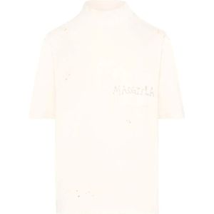 Maison Margiela, Beige T-shirt met Logo Print en Verfspat Detail Beige, Heren, Maat:S