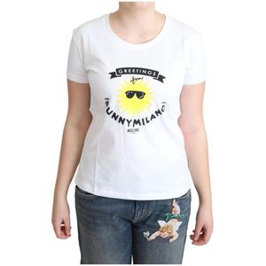 Moschino, Tops, Dames, Wit, L, Katoen, Milano Print Ronde Hals T-shirt
