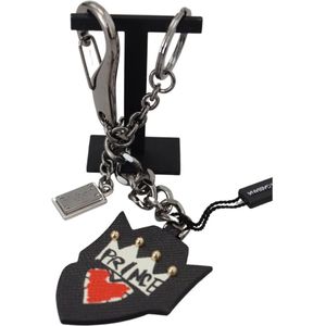 Dolce & Gabbana, Accessoires, Heren, Zwart, ONE Size, Leer, Logo Badge Sleutelhanger - Zilver Zwart