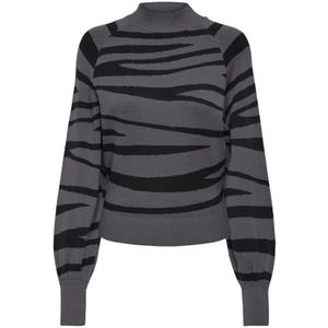 Only, Truien, Dames, Grijs, M, Polyester, Zebra Highneck Sweater Magnet/Black