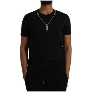 Dolce & Gabbana, Tops, Heren, Zwart, S, Katoen, Zilveren Ketting Korte Mouw T-Shirt