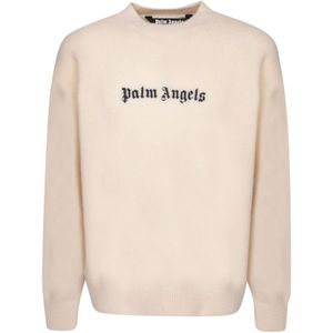 Palm Angels, Witte Wolblend Pullover met Geborduurd Logo Wit, Heren, Maat:L