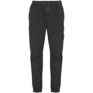 Stone Island, Broeken, Heren, Zwart, W30, Katoen, Zwarte Katoenen Cargo Broek met Logo Patch