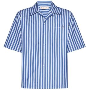 Marni, Overhemden, Heren, Blauw, M, Katoen, Blauw Gestreept Logo Overhemd