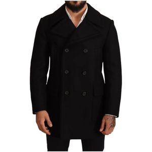 Dolce & Gabbana, Mantels, Heren, Zwart, S, Katoen, Elegante Zwarte Dubbelrijige Trenchcoat