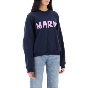 Marni, Sweatshirts & Hoodies, Dames, Blauw, M, Katoen, Geborsteld Logo Print Boxy Sweatshirt