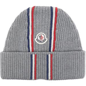 Moncler, Accessoires, unisex, Grijs, ONE Size, Wol, Tricolor Ribgebreide Beanie