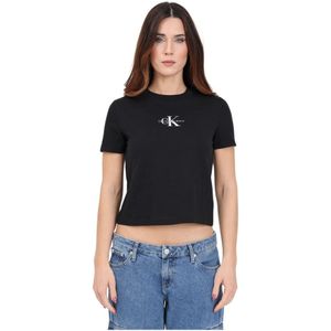Calvin Klein Jeans, Tops, Dames, Zwart, M, Zwart T-shirt met Logo Print