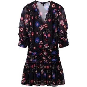 Desigual, Print V-Hals Jurk met 3/4 Mouwen Zwart, Dames, Maat:XL