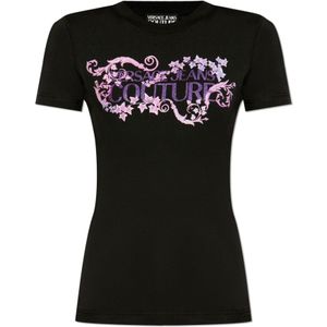 Versace Jeans Couture, Tops, Dames, Zwart, XS, Katoen, T-shirt met print