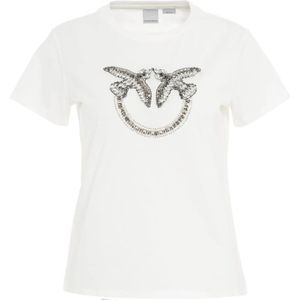 Pinko, Tops, Dames, Wit, XS, Gebreide Crew Neck T-shirt met Strass Applicatie