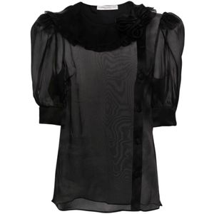 Alessandra Rich, Blouses & Shirts, Dames, Zwart, S, Organza, Zwarte Zijden Organza Jurk Ruches Bloemen