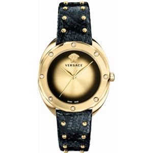 Versace, Accessoires, Dames, Veelkleurig, ONE Size, Zwart Lederen Gouden Roestvrijstalen Horloge