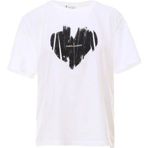 Saint Laurent, Tops, Dames, Wit, L, Katoen, Logo Print Katoenen T-Shirt