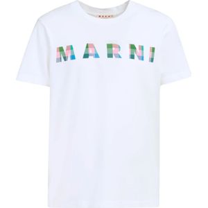 Marni, Tops, Heren, Wit, M, Katoen, Katoenen T-shirt met ruitjeslogo