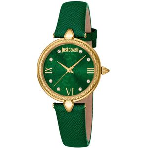 Just Cavalli, Accessoires, Dames, Groen, ONE Size, Klassiek Leren Analoog Horloge voor Vrouwen
