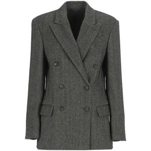 Brunello Cucinelli, Jassen, Dames, Grijs, M, Wol, Grijze Wol Dubbel-Borst Jas Herringbone