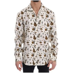Dolce & Gabbana, Overhemden, Heren, Veelkleurig, XL, Zijden Jazz Shirt - Wit met Goud en Zwart Print