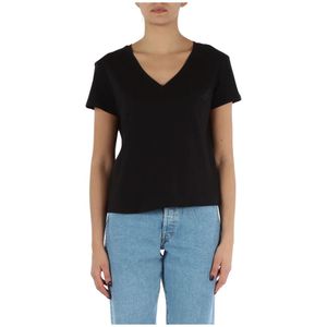 Replay, Tops, Dames, Zwart, XS, Katoen, Katoenen V-hals T-shirt met Logo