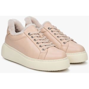 Estro, Schoenen, Dames, Beige, 40 EU, Dames Beige Leren & Bont Lage Sneakers voor Winter Er 00112117