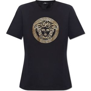 Versace, Tops, Dames, Zwart, S, Katoen, T-shirt met logo