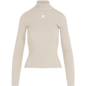 Courrèges, Truien, Dames, Beige, S, Polyester, Geribbelde Coltrui Sweater Nude Aw 24