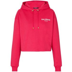 Balmain, Sweatshirts & Hoodies, Dames, Roze, S, Katoen, Flocked Paris hoodie
