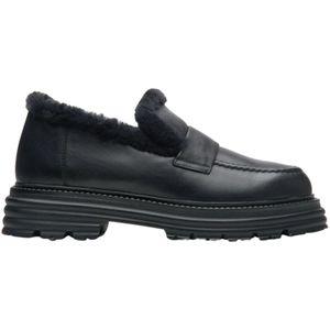 Estro, Schoenen, Dames, Zwart, 38 EU, Leer, Zwarte Bontgevoerde Leren Loafers voor de Winter