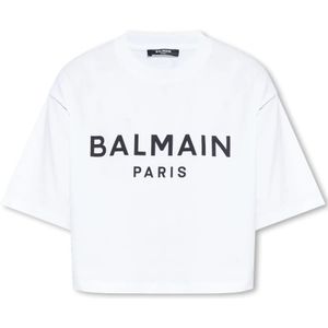 Balmain, Tops, Dames, Wit, L, Katoen, Bedrukt T-shirt