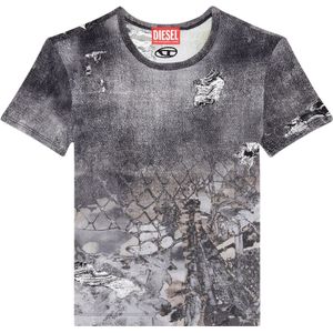 Diesel, Cropped T-shirt with abstract print Grijs, Dames, Maat:2XS