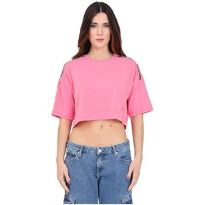 Moschino, Roze Logo T-shirt met Gele Streep Roze, Dames, Maat:XS