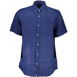 Gant, Blauwe Linnen Overhemd, Regular Fit Blauw, Heren, Maat:M