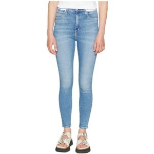 Calvin Klein Jeans, Blauwe Jeans met Versleten Effect Blauw, Dames, Maat:W28