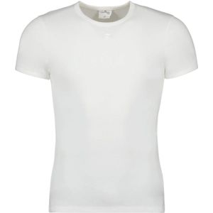 Courrèges, Tops, Heren, Wit, S, Katoen, Contrast T-shirt, Korte Mouwen, Geborduurd Logo