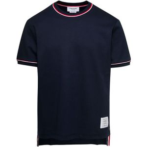 Thom Browne, Korte mouwen T-shirt met RWB-streepafwerking Blauw, Heren, Maat:2XL