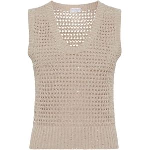 Brunello Cucinelli, Beige Gebreide Top met Pailletten Beige, Dames, Maat:S