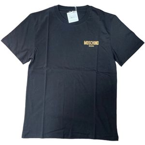 Moschino, Tops, Heren, Blauw, L, Katoen, Zwart Logo Goud Half Mouw T-Shirt