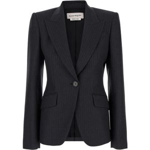 Alexander McQueen, Jassen, Dames, Zwart, S, Wol, Grijze Pinstripe Peak Revers Jas