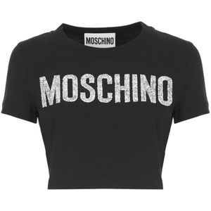 Moschino, Tops, Dames, Zwart, S, Katoen, Stijlvolle Zwarte Katoenen Crop T-shirt voor Vrouwen
