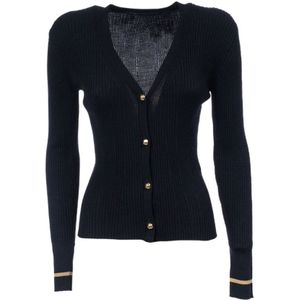 Max Mara Studio, Blauwe Geribbelde Wollen Cardigan met Gouden Lurex Trim Blauw, Dames, Maat:L