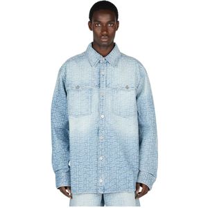 Balmain, Overhemden, Heren, Blauw, L, Denim, Monogram Jacquard Denim Overhemd