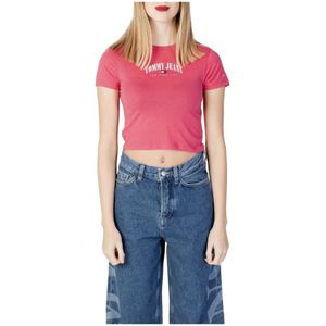 Tommy Jeans, Tops, Dames, Roze, S, Roze Print Lange Mouw T-shirt