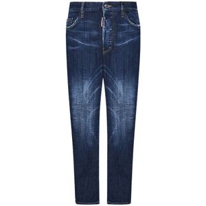 Dsquared2, Jeans, Heren, Blauw, XL, Katoen, Blauwe Jeans met Rood Esdoornblad Borduurwerk