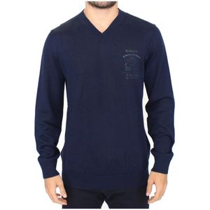 Ermanno Scervino, Truien, Heren, Blauw, M, Wol, Blauwe V-hals Pullover Sweater